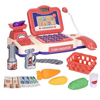 Kids Cash Register Pretend Play Toy w/ Scanner, Calculator, Credit Card & Grocery Set
