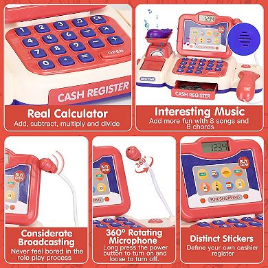Kids Cash Register Pretend Play Toy w/ Scanner, Calculator, Credit Card & Grocery Set