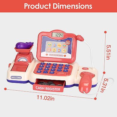 Kids Cash Register Pretend Play Toy w/ Scanner, Calculator, Credit Card & Grocery Set