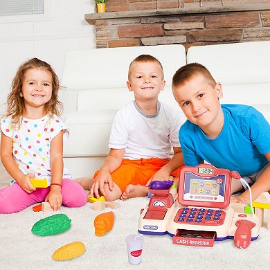 Kids Cash Register Pretend Play Toy w/ Scanner, Calculator, Credit Card & Grocery Set