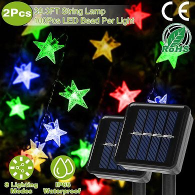 2Pcs Solar String Lights 39.3FT 100 LEDs, IP65 Waterproof Fairy Lights with 8 Modes for Garden & Par