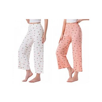 2 Packs Women's Pajama Bottoms Palazzo Print Lounge Elastic Waist Sleepwear Loose Wide Leg Pants