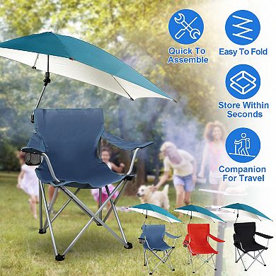 Foldable Beach Chair with Detachable Umbrella, Adjustable Canopy & Cup HolderPortable & Lightweight
