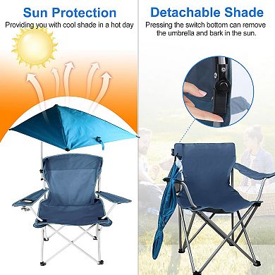 Foldable Beach Chair with Adjustable Canopy, Detachable Umbrella, Cup Holder & Carry Bag