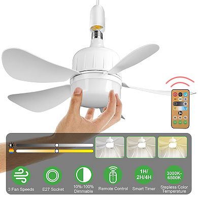 12W Socket Ceiling Fan Light, Dimmable LED with 3 Speeds, Stepless Brightness & Color, Timer & Remot