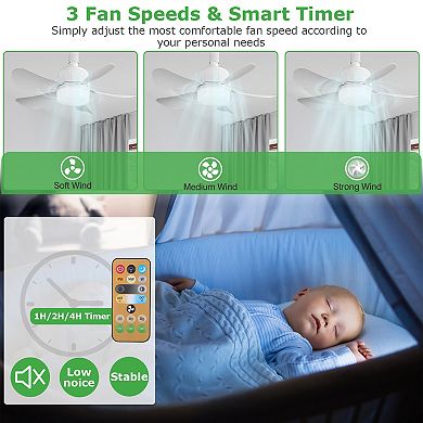 12W Socket Ceiling Fan Light, Dimmable LED with 3 Speeds, Stepless Brightness & Color, Timer & Remot