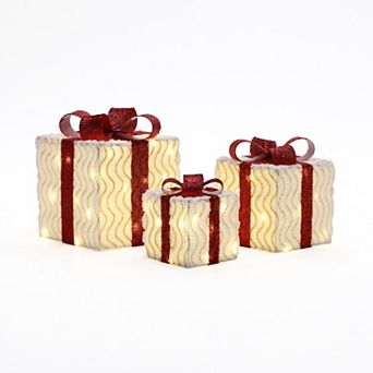 LuxenHome 3 pc Pre-Lit Wavy-Design Gift Box Set with Decorative Red Ribbons and Bows