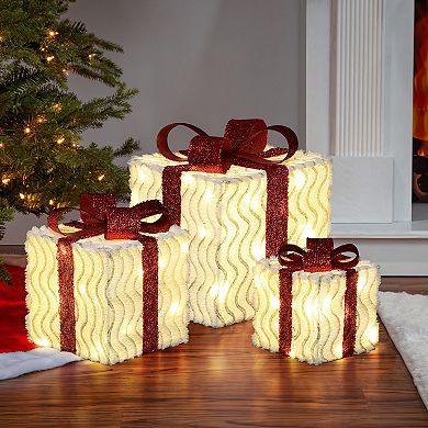 LuxenHome 3-Piece Pre-Lit Wavy-Design Gift Box Set with Decorative Red Ribbons and Bows