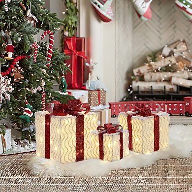 LuxenHome 3-Piece Pre-Lit Wavy-Design Gift Box Set with Decorative Red Ribbons and Bows