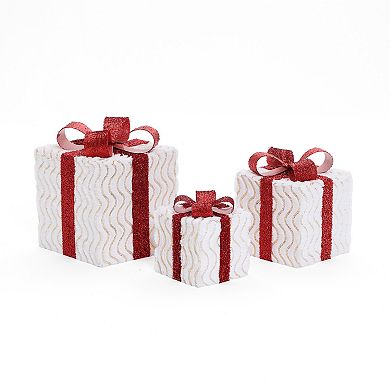 LuxenHome 3-Piece Pre-Lit Wavy-Design Gift Box Set with Decorative Red Ribbons and Bows