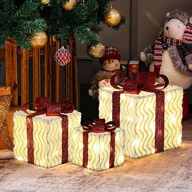 LuxenHome 3-Piece Pre-Lit Wavy-Design Gift Box Set with Decorative Red Ribbons and Bows