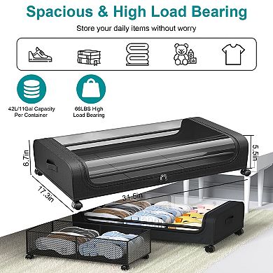 2 Pack Under Bed Storage Containers with Clear Lids, 42L Rolling Clothing Organizer Bins