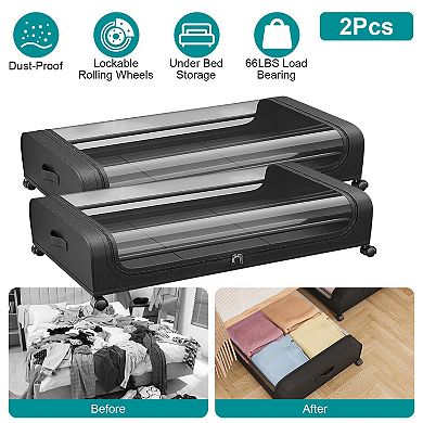 2 Pack Under Bed Storage Containers with Clear Lids, 42L Rolling Clothing Organizer Bins