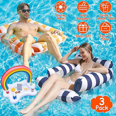 3 Pack Inflatable Pool Floats for Adults 1 Drink & Snack Float + 2 Water Hammocks with Mesh Pillow