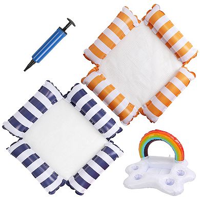 3 Pack Inflatable Pool Floats for Adults 1 Drink & Snack Float + 2 Water Hammocks with Mesh Pillow