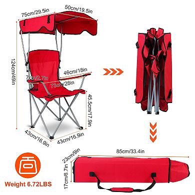 Foldable Beach Canopy Chair with Sun Shade & Cup Holder, 330lbs Load