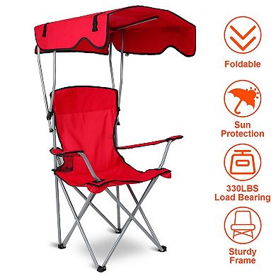Foldable Beach Canopy Chair with Sun Shade & Cup Holder, 330lbs Load