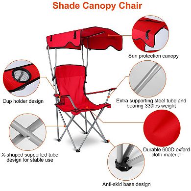 Foldable Beach Canopy Chair with Sun Shade & Cup Holder, 330lbs Load