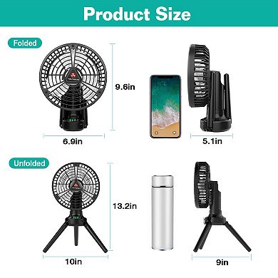 Foldable Camping Fan with Power Bank, 270° Oscillating Rechargeable Tripod Fan with 4 Speeds & Light