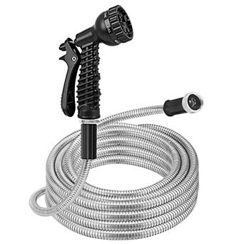 25/50/100FT Heavy Duty Stainless Steel Garden Hose Kit with 2 Nozzles, 12 Patterns