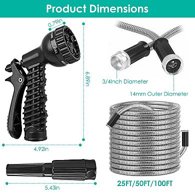 25/50/100FT Heavy Duty Stainless Steel Garden Hose Kit with 2 Nozzles, 12 Patterns