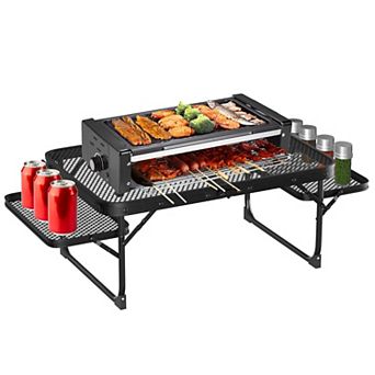 Foldable Camping Table with 2 Side Trays Aluminum Grill Stand, Collapsible, 88 lbs Load