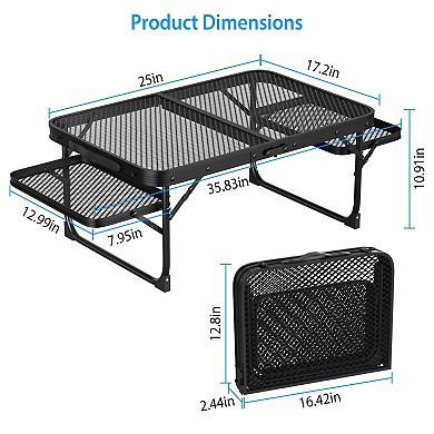 Foldable Camping Table with 2 Side Trays Aluminum Grill Stand, Collapsible, 88 lbs Load