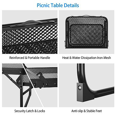Foldable Camping Table with 2 Side Trays Aluminum Grill Stand, Collapsible, 88 lbs Load