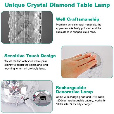 Crystal Rose LED Table Lamp 16-Color Dimmable Touch & Remote Control Rechargeable Light