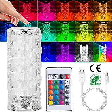 Crystal Rose LED Table Lamp 16-Color Dimmable Touch & Remote Control Rechargeable Light