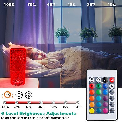 Crystal Rose LED Table Lamp 16-Color Dimmable Touch & Remote Control Rechargeable Light