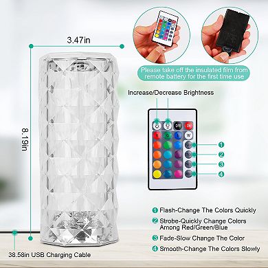 Crystal Rose LED Table Lamp 16-Color Dimmable Touch & Remote Control Rechargeable Light