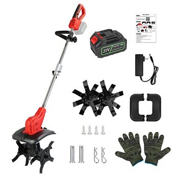 21V Cordless Electric Tiller with 4 Blades, 4000mAh Battery, 9 in Width/Depth