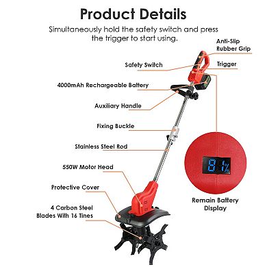 21V Cordless Electric Tiller with 4 Blades, 4000mAh Battery, 9in Width/Depth