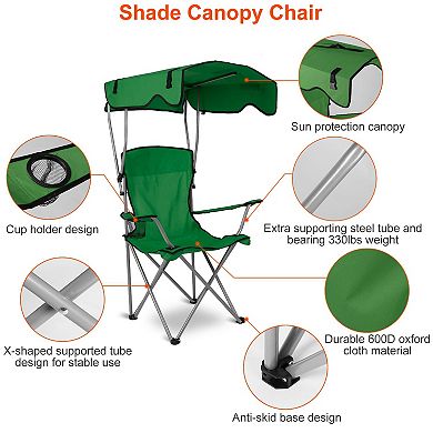 Foldable Beach Canopy Chair with Sun Shade & Cup Holder, 330lbs Load