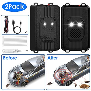 2-Pack Ultrasonic Rodent Repellers with Strobe Light, Under Hood Pest Deterrent for Cars & Indoor Us