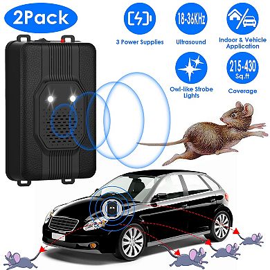 2-Pack Ultrasonic Rodent Repellers with Strobe Light, Under Hood Pest Deterrent for Cars & Indoor Us