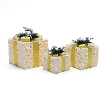 LuxenHome 3 pc Lighted Snowflake Gift Box Set with Gold Ribbon, White Fabric Holiday Decor