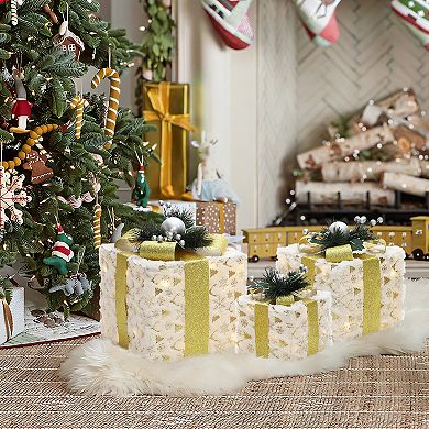 LuxenHome 3-Pc Lighted Snowflake Gift Box Set with Gold Ribbon, White Fabric Holiday Decor