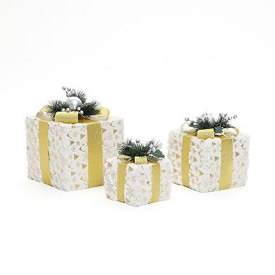 LuxenHome 3-Pc Lighted Snowflake Gift Box Set with Gold Ribbon, White Fabric Holiday Decor