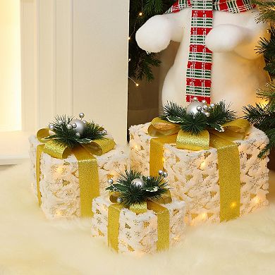 LuxenHome 3-Pc Lighted Snowflake Gift Box Set with Gold Ribbon, White Fabric Holiday Decor