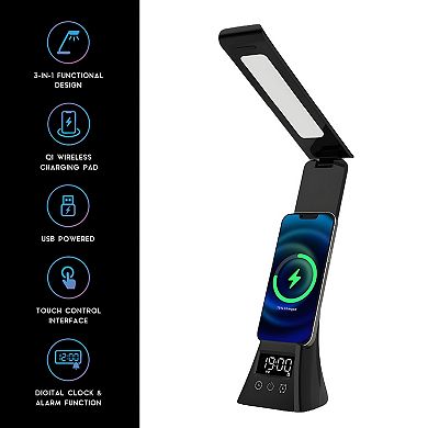 Pursonic 3-in-1 LED Desk Lamp with Wireless Charger and Alarm Clock Sleek, Smart, and Space-Saving