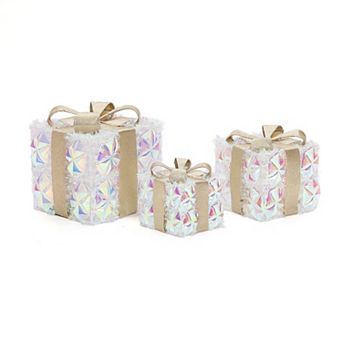 LuxenHome 3 pc Prism Gift Boxes with Gold Ribbon Holiday Decoration with Lights