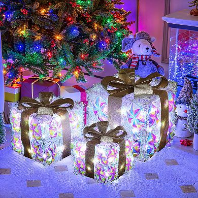 LuxenHome 3-Piece Prism Gift Boxes with Gold Ribbon Holiday Decoration with Lights