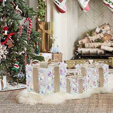 LuxenHome 3-Piece Prism Gift Boxes with Gold Ribbon Holiday Decoration with Lights