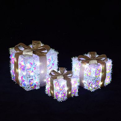 LuxenHome 3-Piece Prism Gift Boxes with Gold Ribbon Holiday Decoration with Lights