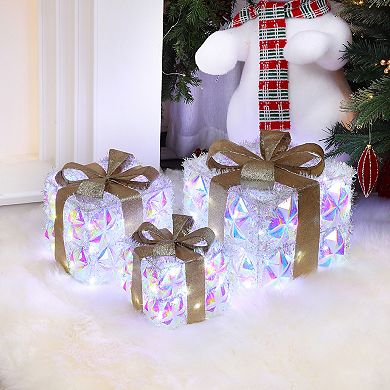 LuxenHome 3-Piece Prism Gift Boxes with Gold Ribbon Holiday Decoration with Lights