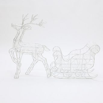 LuxenHome Lighted Reindeer and Sleigh Christmas Yard Decoration Set, Outdoor Holiday Set with Timer