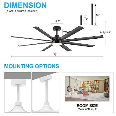 72-Inch indoor fan, 8 aluminum blades, 6-speed, DC motor, 3-color light, 7&24" downrods