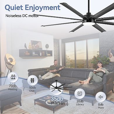 72-Inch indoor fan, 8 aluminum blades, 6-speed, DC motor, 3-color light, 7&24" downrods